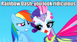 Size: 700x380 | Tagged: safe, imported from derpibooru, screencap, rainbow dash, rarity, sonic rainboom (episode), image macro, lipstick, meme