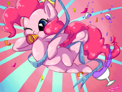 Size: 800x600 | Tagged: safe, artist:kkuyo, imported from derpibooru, pinkie pie, pony, cute, diapinkes, drink, female, hat, one eye closed, party, party hat, party horn, punch, solo, streamers