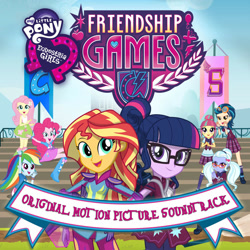 Size: 1400x1400 | Tagged: safe, imported from derpibooru, fluttershy, indigo zap, pinkie pie, rainbow dash, sci-twi, sour sweet, sugarcoat, sunset shimmer, twilight sparkle, equestria girls, friendship games, album cover, clothes, crystal prep academy, crystal prep academy uniform, crystal prep shadowbolts, equestria girls logo, female, official, original soundtrack, school uniform, soundtrack, wondercolts