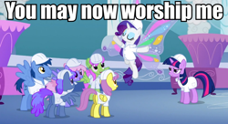 Size: 960x521 | Tagged: safe, edit, edited screencap, imported from derpibooru, screencap, blues, merry may, noteworthy, parasol, rainbowshine, rarity, twilight sparkle, pegasus, pony, unicorn, sonic rainboom (episode), background pony, caption, female, image macro, male, mare, meme, stallion, text