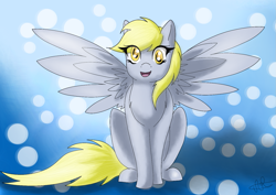 Size: 1411x997 | Tagged: safe, artist:scarletsfeed, imported from derpibooru, derpy hooves, pegasus, pony, female, looking at you, mare, sitting, smiling, solo, spread wings