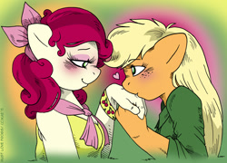 Size: 1100x793 | Tagged: safe, artist:kaemantis, imported from derpibooru, applejack, cherry jubilee, anthro, blushing, cherryjack, female, hand kiss, heart, kissing, lesbian, shipping