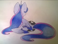 Size: 1929x1456 | Tagged: safe, artist:cutepencilcase, imported from derpibooru, princess luna, both cutie marks, female, on side, rear view, side, solo, traditional art