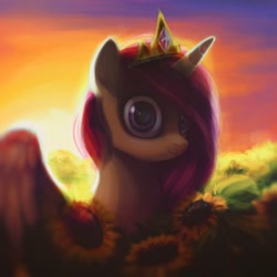 Size: 800x800 | Tagged: safe, artist:annielith, imported from derpibooru, princess celestia, creepy, female, looking at you, solo, staring into your soul, sunflower