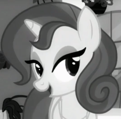 Size: 538x531 | Tagged: safe, imported from derpibooru, screencap, cinnamon chai, pony, unicorn, rarity investigates, cropped, female, grayscale, lidded eyes, mare, monochrome, noir, solo