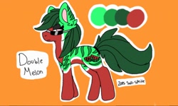 Size: 512x308 | Tagged: safe, artist:cheesewheel, imported from derpibooru, oc, oc only, oc:double melon, earth pony, food pony, original species, pony, ear fluff, food, orange background, ponified, simple background, solo, watermelon, watermelon pony