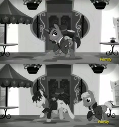 Size: 1800x1920 | Tagged: safe, imported from derpibooru, screencap, wind rider, earth pony, pony, unicorn, rarity investigates, 2 panel comic, black and white, comic, discovery family logo, grayscale, james moriarty, jim moriarty, john watson, monochrome, sherlock, sherlock holmes