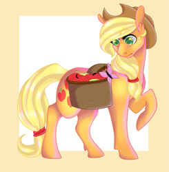 Size: 845x862 | Tagged: safe, artist:space-geckos, imported from derpibooru, applejack, apple, female, raised hoof, saddle bag, solo