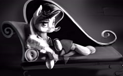 Size: 5551x3465 | Tagged: safe, artist:silfoe, imported from derpibooru, rarity, rarity investigates, bedroom eyes, clothes, couch, draw me like one of your french girls, dress, fainting couch, female, grayscale, looking at you, monochrome, on side, scene interpretation, side, smiling, solo, that was fast