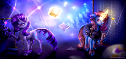 Size: 2520x1176 | Tagged: safe, artist:9de-light6, imported from derpibooru, rarity, sassy saddles, classical unicorn, pony, unicorn, canterlot boutique, clothes, cloven hooves, dress, leonine tail, over the moon, unshorn fetlocks