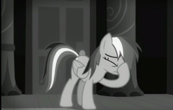 Size: 1002x636 | Tagged: safe, imported from derpibooru, screencap, rainbow dash, rarity investigates, facehoof, female, monochrome, solo