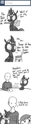 Size: 806x3224 | Tagged: safe, artist:tjpones, artist:tjpones edits, edit, imported from derpibooru, oc, oc only, oc:brownie bun, oc:pistachio, oc:richard, changeling, ask, dialogue, monochrome, snugglo, tumblr