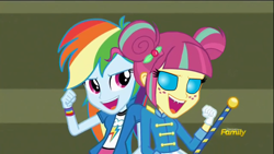 Size: 1280x720 | Tagged: safe, edit, edited screencap, imported from derpibooru, screencap, majorette, rainbow dash, sour sweet, sweeten sour, changeling, equestria girls, friendship games, baton