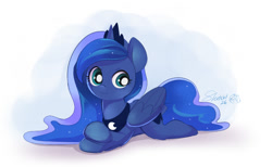 Size: 850x524 | Tagged: safe, artist:ende26, imported from derpibooru, princess luna, alicorn, pony, cute, female, looking at you, lunabetes, mare, prone, smiling, solo