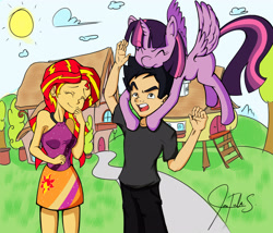 Size: 3500x3000 | Tagged: safe, artist:christula092, imported from derpibooru, sunset shimmer, twilight sparkle, oc, oc:christula, human, date, humanized, humanized oc, laughing, self insert, twilight sparkle (alicorn)