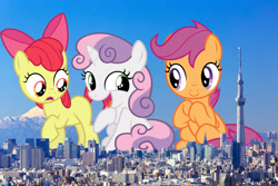 Size: 3000x2000 | Tagged: safe, artist:masem, artist:newlunaticrepublic, artist:theotterpony, imported from derpibooru, apple bloom, scootaloo, sweetie belle, pony, building, city, cute, cutie mark crusaders, giant pony, giantess, growth, highrise ponies, irl, japan, looking at each other, looking down, macro, mountain, open mouth, photo, ponies in real life, raised hoof, sitting, sky, skyscraper, this will end in death, this will end in tears, this will end in tears and/or death, tokyo