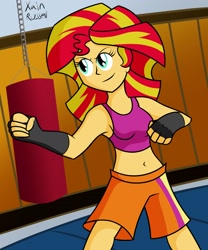 Size: 2000x2400 | Tagged: safe, artist:xain-russell, imported from derpibooru, sunset shimmer, ask sunset the otaku, equestria girls, armpits, belly button, clothes, female, martial arts, midriff, shorts, solo, sports arm sleeves, sports bra, training, workout outfit