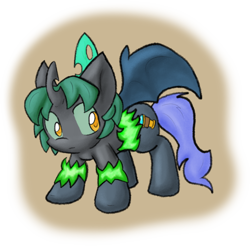 Size: 1280x1258 | Tagged: safe, artist:zutcha, imported from derpibooru, oc, oc only, oc:blacklight, oc:riley (pap), bat pony, changeling, changeling queen, pony, fanfic:founders of alexandria, ponies after people, bat pony oc, bat wings, changeling oc, changeling queen oc, cutie mark, fanfic, fanfic art, fangs, female, hooves, horn, illustration, magic, mare, shapeshifting, solo, transformation, wings