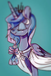 Size: 682x1024 | Tagged: safe, artist:abgeschlossen, imported from derpibooru, princess luna, depth of field, eyes closed, female, smiling, solo