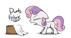 Size: 2200x1200 | Tagged: safe, artist:flamethegamer, imported from derpibooru, sweetie belle, box, cardboard box, dumb fabric, eyes closed, female, floppy ears, frown, open mouth, simple background, solo, white background, yelling