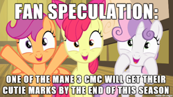 Size: 610x343 | Tagged: safe, imported from derpibooru, apple bloom, scootaloo, sweetie belle, cutie mark, cutie mark crusaders, hilarious in hindsight, image macro, meme, prediction, speculation