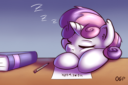 Size: 1000x667 | Tagged: safe, artist:tadashi--kun, imported from derpibooru, sweetie belle, pony, unicorn, book, bust, cute, diasweetes, ear fluff, eyes closed, female, filly, homework, pencil, portrait, sleeping, solo, zzz