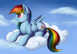 Size: 1280x900 | Tagged: safe, artist:ac-whiteraven, imported from derpibooru, rainbow dash, pegasus, pony, cloud, cloudy, female, mare, prone, sky, solo