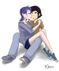 Size: 1310x1592 | Tagged: safe, artist:kprovido, imported from derpibooru, stellar eclipse, oc, oc:night lark, human, blushing, canon x oc, cheek kiss, converse, humanized, humanized oc, kiss on the cheek, kissing, shipping, shoes, stellarnight