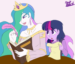 Size: 1000x850 | Tagged: safe, artist:smartblondessarcasm, imported from derpibooru, princess celestia, twilight sparkle, human, book, clothes, filly, filly twilight sparkle, humanized, nail polish, pony coloring, quill, scroll