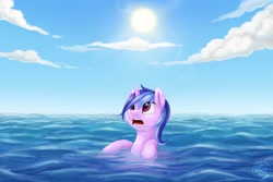 Size: 3600x2400 | Tagged: safe, artist:nebula210, imported from derpibooru, sea swirl, seafoam, pony, female, lens flare, looking up, ocean, open mouth, solo, swimming, water, wet