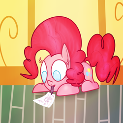 Size: 1280x1280 | Tagged: safe, artist:mr-degration, imported from derpibooru, pinkie pie, cute, drawing, female, lying down, mouth hold, solo