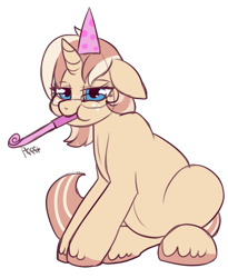 Size: 499x608 | Tagged: safe, artist:lulubell, imported from derpibooru, party favor, oc, oc only, oc:lulubell, chubby, glasses, hat, party hat, party horn, simple background, solo, transparent background