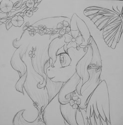 Size: 1024x1036 | Tagged: safe, artist:php161, artist:wintaura, imported from derpibooru, fluttershy, morning glory, butterfly, female, floral head wreath, flower, lineart, monochrome, solo, traditional art, wip