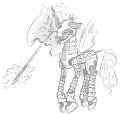 Size: 1051x962 | Tagged: safe, artist:nobody, imported from derpibooru, queen chrysalis, changeling, changeling queen, armor, axe, female, magic, monochrome, sketch, solo, telekinesis