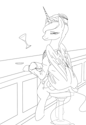 Size: 1181x1706 | Tagged: safe, artist:nobody, imported from derpibooru, princess luna, alternate hairstyle, bar, bedroom eyes, clothes, female, lineart, looking at you, magic, martini, monochrome, sitting, solo, suit, telekinesis