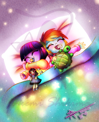 Size: 979x1200 | Tagged: safe, artist:shikimaakemi, imported from derpibooru, rainbow dash, smarty pants, twilight sparkle, turtle, equestria girls, babies, baby, baby dash, babylight sparkle, bed, blanket, cute, dashabetes, doll, female, irl, obtrusive watermark, pacifier, photo, plushie, toy, twiabetes, watermark, weapons-grade cute, younger