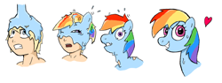 Size: 1024x386 | Tagged: safe, artist:mutrio, imported from derpibooru, rainbow dash, goo, human, pegasus, pony, floating heart, grin, gritted teeth, heart, human to pony, one eye closed, open mouth, rule 63, simple background, slime, smiling, solo, transformation, transformation sequence, transgender transformation