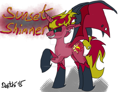 Size: 900x675 | Tagged: safe, anonymous artist, imported from derpibooru, sunset shimmer, pony, evil grin, female, grin, ponified, raised hoof, signature, simple background, smiling, solo, spread wings, sunset satan, transparent background, watermark, wings