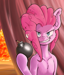 Size: 875x1024 | Tagged: safe, artist:kerslap, imported from derpibooru, pinkie pie, bomb, evil grin, female, fire, insanity, solo, this will end in tears