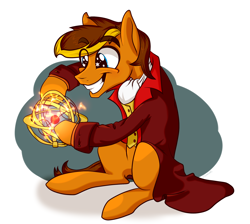 Size: 2200x1972 | Tagged: safe, artist:sigmanas, imported from derpibooru, oc, oc only, oc:roswell rivet, earth pony, pony, clothes, coat, eecticity, electricity, excited, gyroscope, male, neckerchief, smiling, solo, stallion, starry eyes, vest