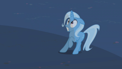 Size: 1280x720 | Tagged: safe, imported from derpibooru, screencap, trixie, pony, unicorn, boast busters, ears back, female, floppy ears, frown, gritted teeth, looking up, mare, raised hoof, scared, solo, wide eyes