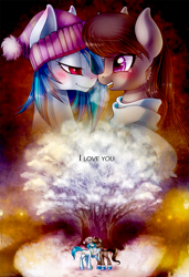 Size: 683x1000 | Tagged: safe, artist:limreiart, imported from derpibooru, dj pon-3, octavia melody, vinyl scratch, earth pony, pony, unicorn, fanfic:university days, boots, clothes, crying, fanfic art, female, happy, lesbian, scarf, scratchtavia, shipping, snow, tree