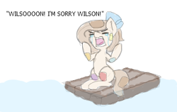 Size: 368x232 | Tagged: safe, artist:lockheart, imported from derpibooru, oc, oc only, oc:raggie, original species, cast away, crying, dialogue, flockmod, ocean, raft, solo, text, water, wilson (cast away)