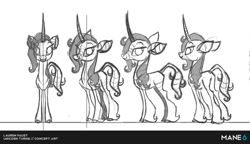 Size: 620x357 | Tagged: safe, artist:lauren faust, imported from derpibooru, oleander, classical unicorn, unicorn, them's fightin' herds, cloven hooves, community related, concept art, curved horn, leonine tail, oleander (tfh), reference sheet, turnaround