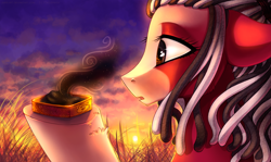 Size: 2530x1506 | Tagged: safe, artist:limreiart, imported from derpibooru, oc, oc only, oc:scrappy rug, dreadlocks, dust, grass, hooves, solo, sun, sunset