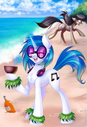 Size: 683x1000 | Tagged: safe, artist:limreiart, imported from derpibooru, dj pon-3, octavia melody, vinyl scratch, alcohol, beach, drink, duo, fanfic art, headphones, magic, rum, scene interpretation, telekinesis