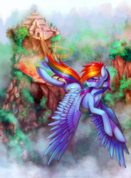 Size: 700x952 | Tagged: safe, artist:limreiart, imported from derpibooru, rainbow dash, female, flying, sad, solo, temple