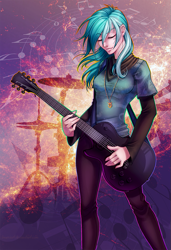 Size: 683x1000 | Tagged: safe, artist:limreiart, imported from derpibooru, lyra heartstrings, human, fanfic:anthropology, electric guitar, eyes closed, fanfic, fanfic art, female, guitar, humanized, music notes, musical instrument, solo