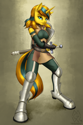 Size: 1024x1536 | Tagged: safe, artist:mykegreywolf, imported from derpibooru, oc, oc only, oc:topaz bolt, anthro, unguligrade anthro, unicorn, armor, clothes, gloves, looking at you, shield, solo, sword, weapon