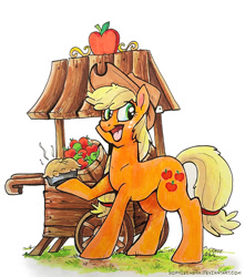 Size: 840x950 | Tagged: safe, artist:spainfischer, imported from derpibooru, applejack, apple, cart, female, open mouth, pie, raised hoof, solo, traditional art